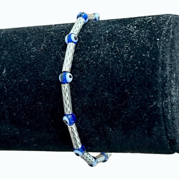 STERLING SILVER AND GLASS EVIL EYE BRACELET - Picture 1 of 16
